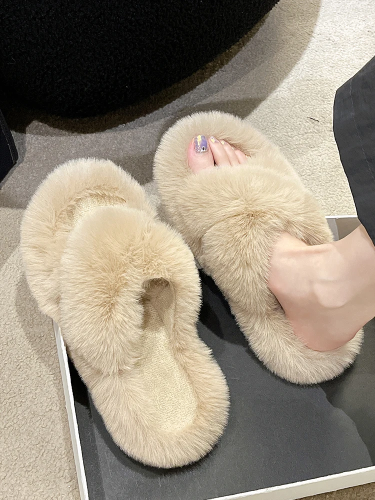 

Female Shoes Slippers Flat Slides Winter Footwear Fashion Fur Flip Flops Med 2023 Massage Luxury Plush PU Rome Female Shoes Plus