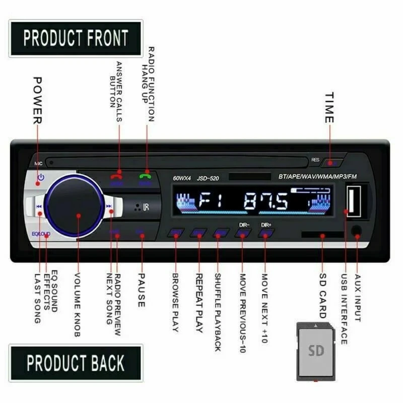 

Автомагнитола 60Wx4, 1 Din, Bluetooth, mp3-плеер, SD, FM, USB