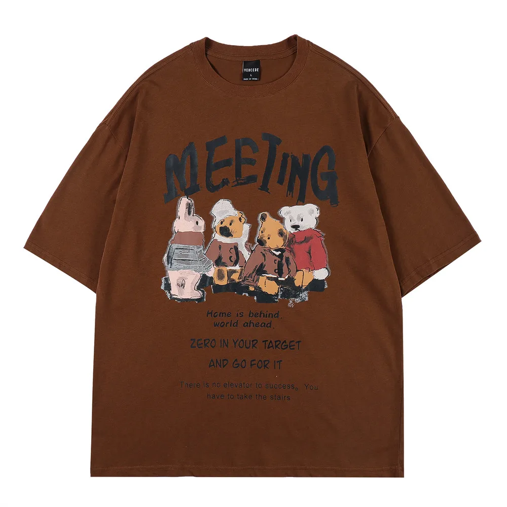 

Anime Cartoon Bear Letter Print Short-Sleeved Tops Men's European and American Fashion O-Neck Streetwear Loose T Shirt for Men