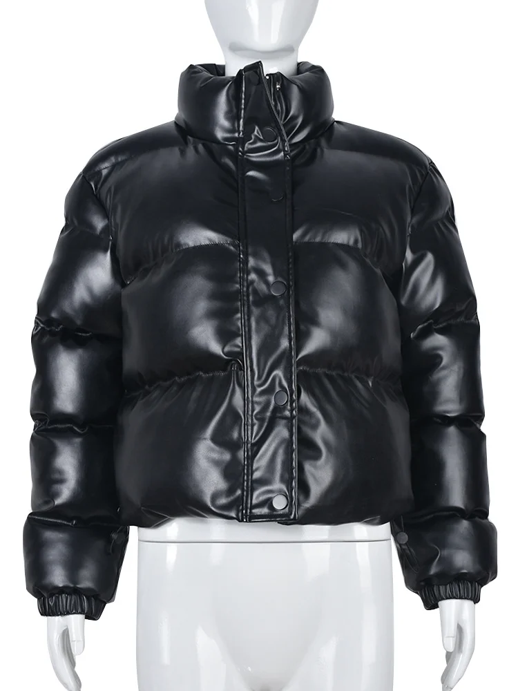 Fashion Stand Collar Zipper Thick Warm Black PU Leather Jacket 2022 Women's Winter Casual Solid Puff Parka Padded Coat Streetwea