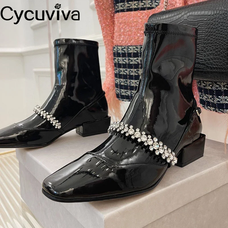 

Designer Crystal Chain Decor Short Modern Boots Square Toe Chunky Heel Ankle Boots For Women Mid Heel Party Boats Runway Mujer