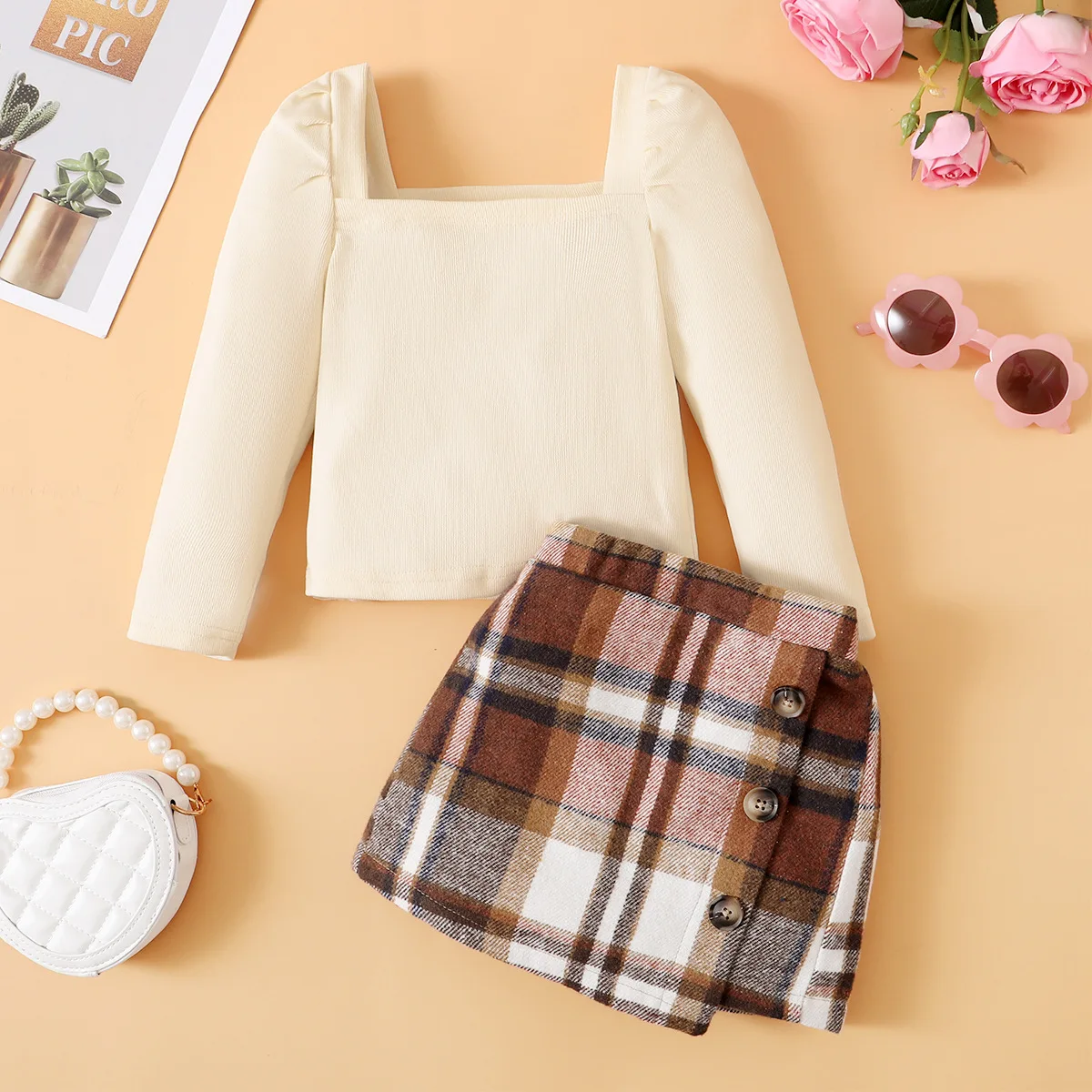 Autumn Baby Girls Full Sleeve Patchwork Palid Skirt + Square Collar Blouses 2 Pcs Suit Spring Toddler Girl Set Kids Clothes 2-7Y