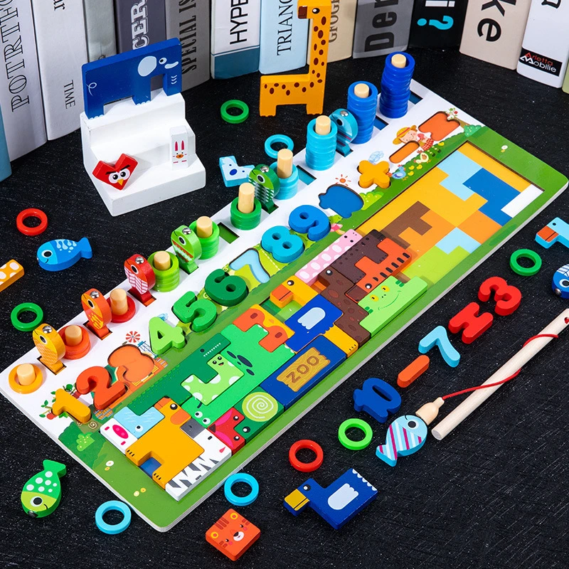 Montessori Educational Wooden Toys Preschool Counting Geometry Busy Board Games Learn Sorter Fishing Math Toys For Children Kids
