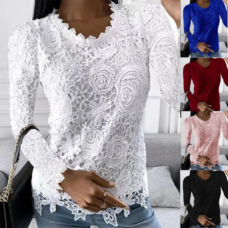 

2022 Autumn Winter Women's Casual Long Sleeve Lace O-Neck Tops Solid Color Daily Fashion Autumn Winter T-shirt Blusas Mujer