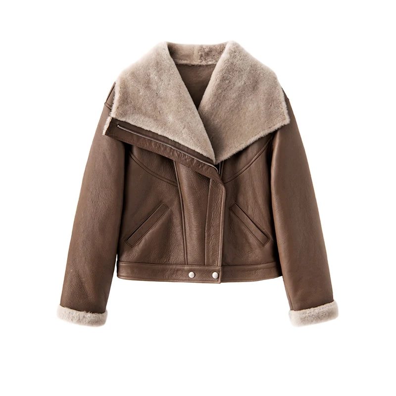New Shearling Genuine Leather Jacket Zipper Casaco Feminino  High Street  Autumn/Winter Warm Turn-down Collar  Leather Jacket