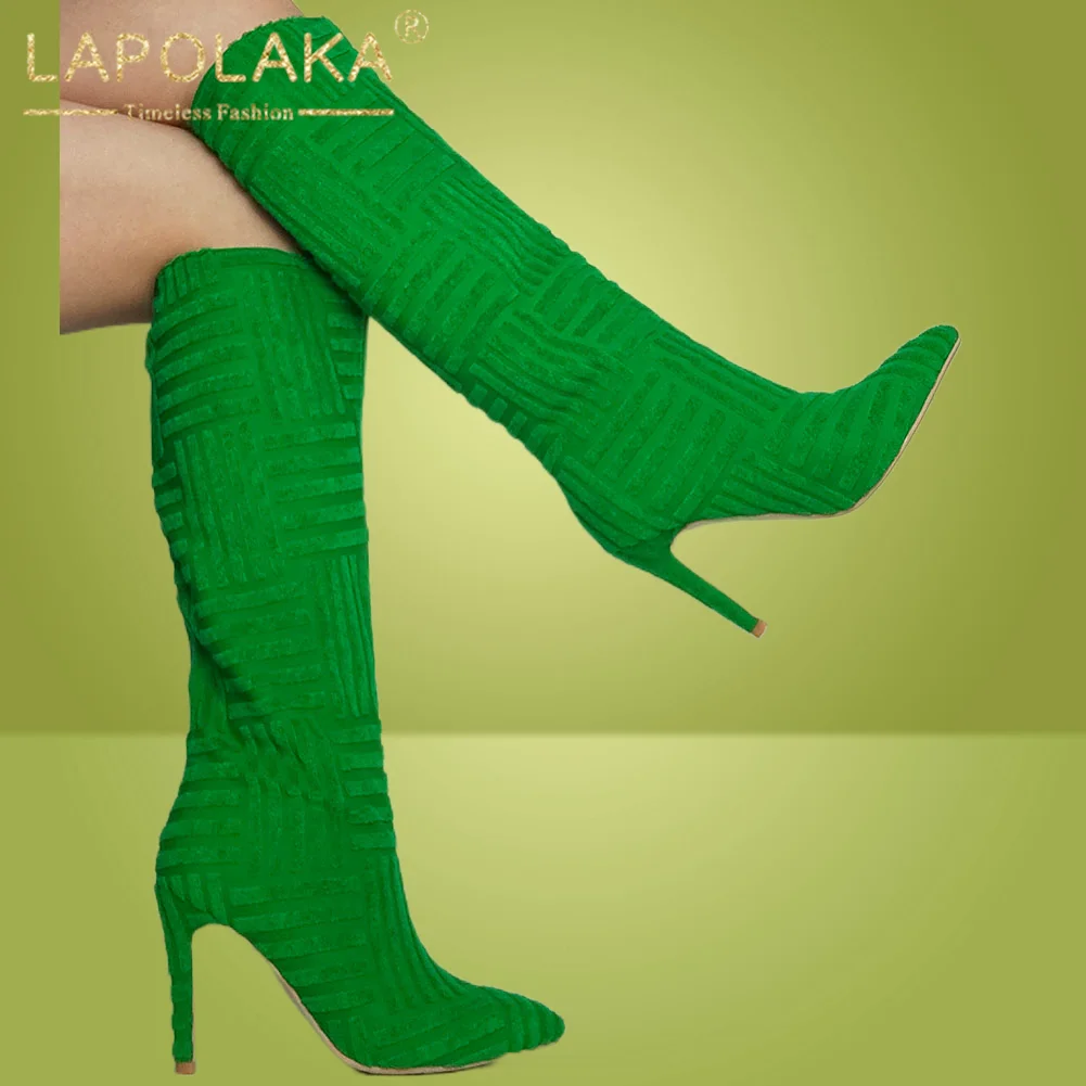 Niche Design Brand New Women's Knee High Boots Pointed Toe Thin Heels Party Sexy Ladies Club Flock Shoes For Woman |