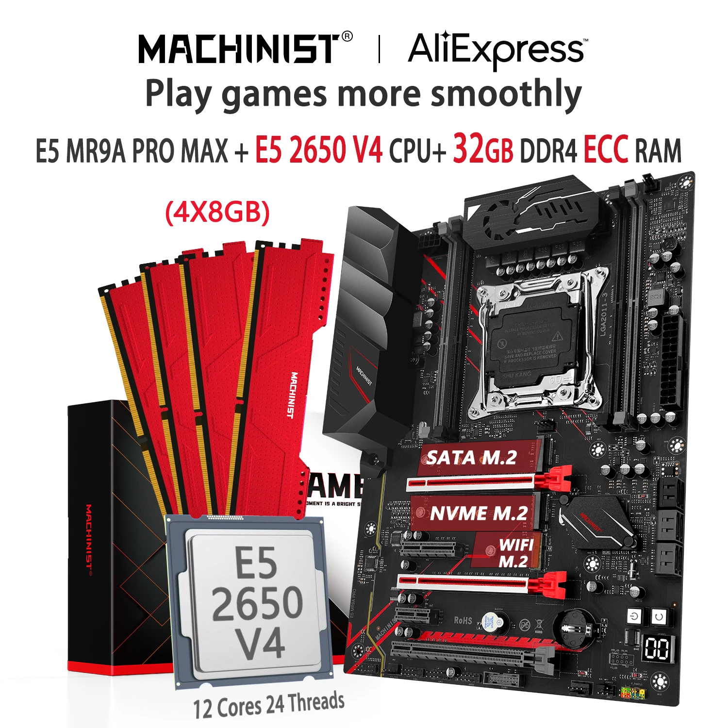 

MACHINIST MR9A PRO MAX X99 комплект материнской платы для компьютера Xeon E5 2650 V4 32 Гб (4*8 ГБ) DDR4 ECC RAM память SSD Nvme M.2 ATX