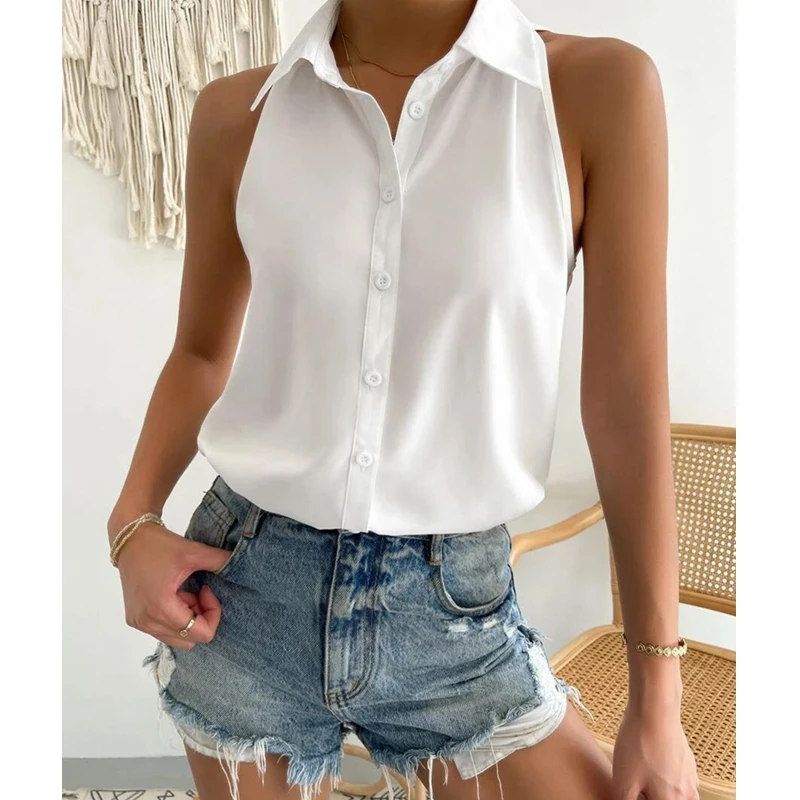 

Women Casual Shirts Single Breasted Fashion Spring Summer Camis Tanks Tops Solid Color Turndown Collar Sleeveless Buttoned Top