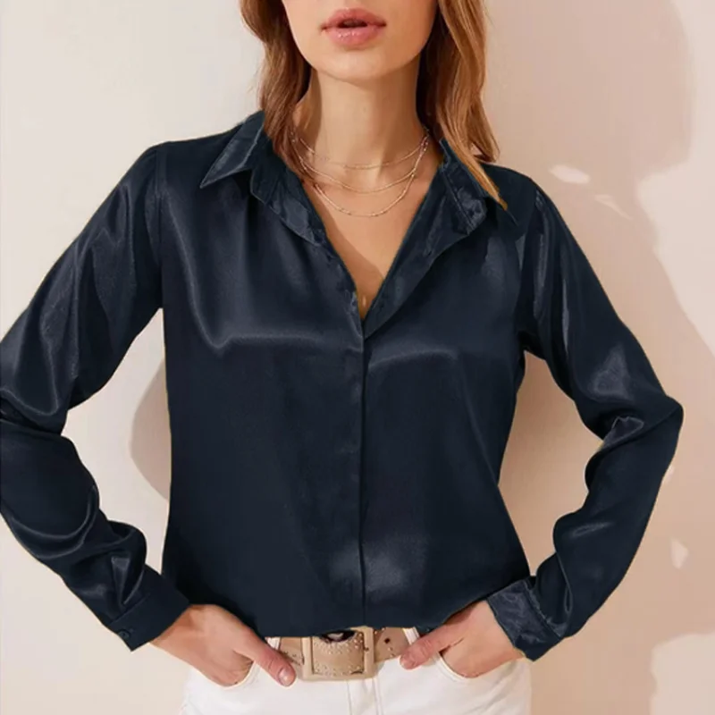 

Women Satin Blouse Turn Down Collar Silk Shirts 2023 Fashion Spring Vintage White Long Sleeve Tops Elegant Ladies Blusas 25632