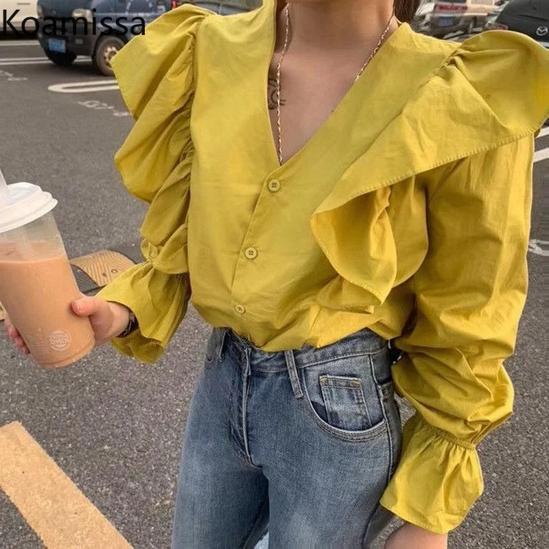 

Женская однотонная блузка с оборками Koamissa, с V-образным вырезом, элегантная офисная рубашка в Корейском стиле на весну и осень, 2022