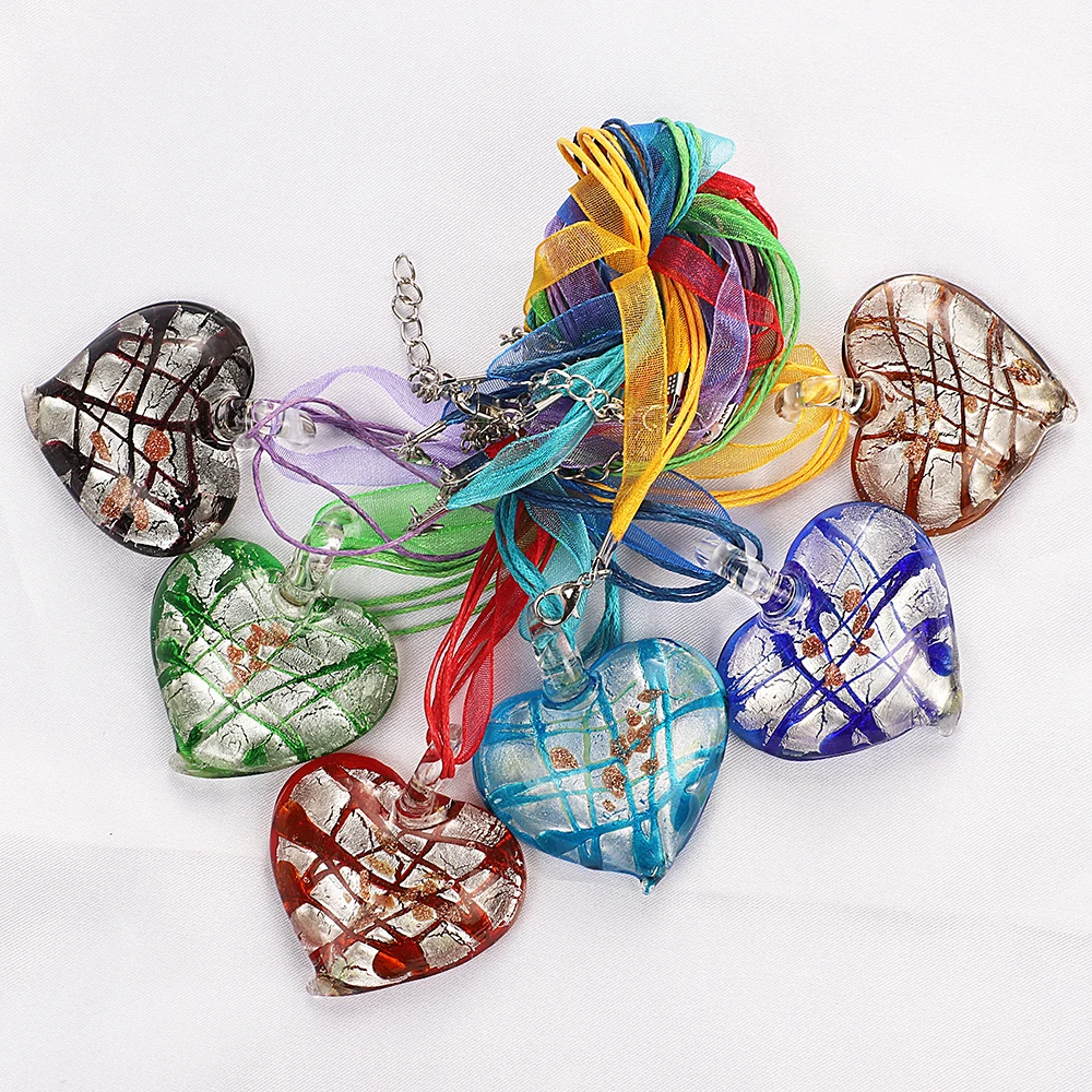 Wholesale 6pcs Gandmade Murano Lampwork Glass Mixed Color Stripe Heart Pendant Silver P necl0085Hot Jewelry Gift Necl0114