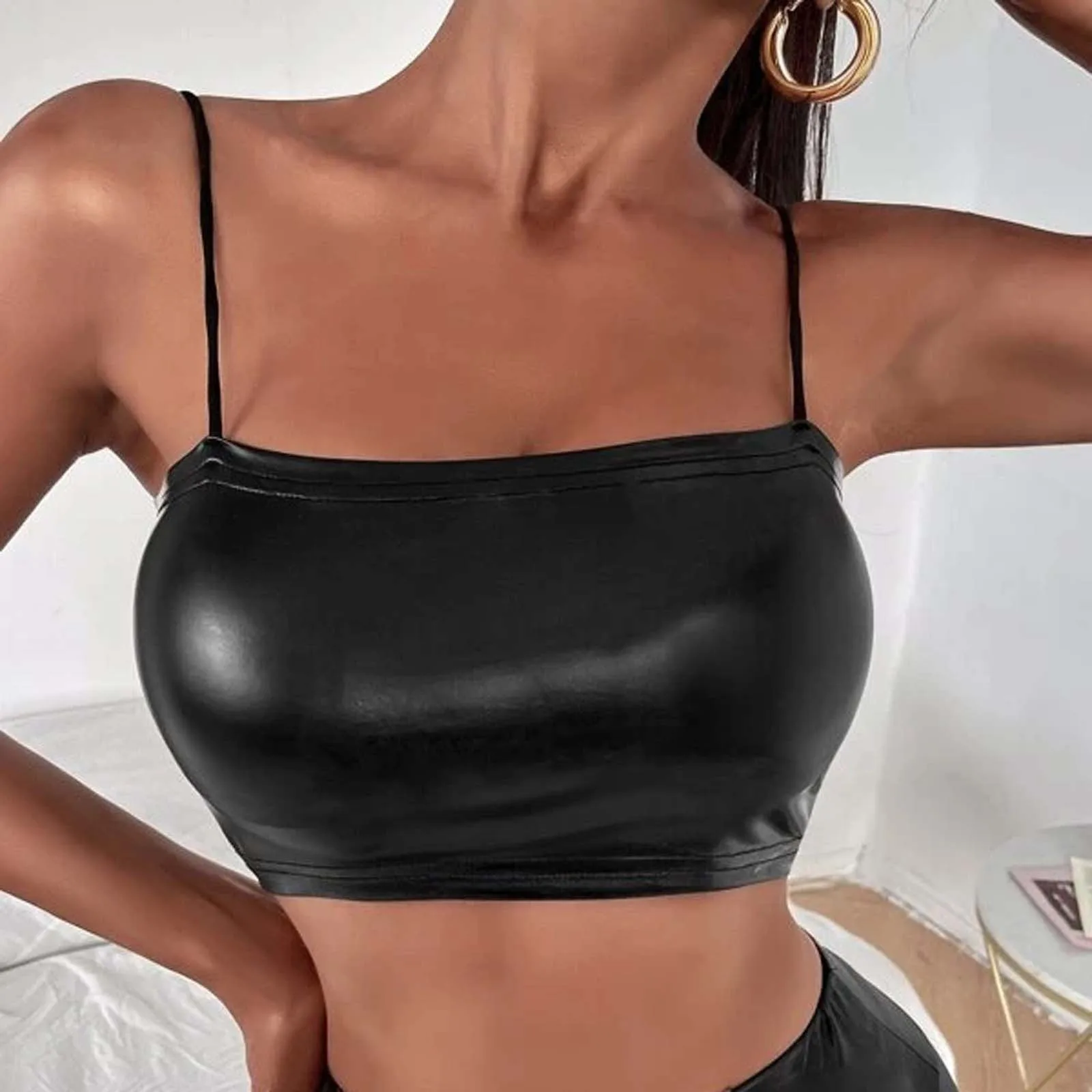 

Casual PU Leather Soild Camisole Femme Slash Neck Ladies Streetwear Crop Top Chic Ring Straps Summer Bodycon Black Skinny Camis