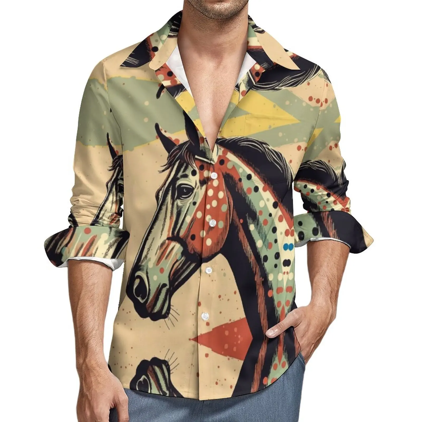 

Horse Casual Shirts Mens Retro Multicolored Shirt Long Sleeve Fashion Stylish Blouses Autumn Graphic Top Big Size 3XL 4XL
