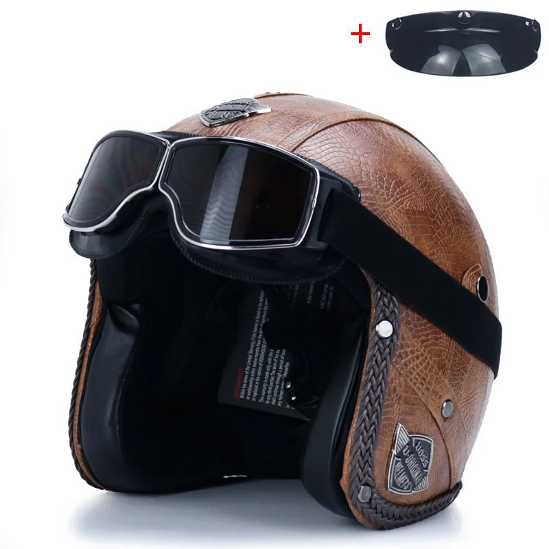 

half face Retro Moto Bike Motocross Helmets Open Face 3/4 Motorcycle Helmet PU Leather Motorbike Helm