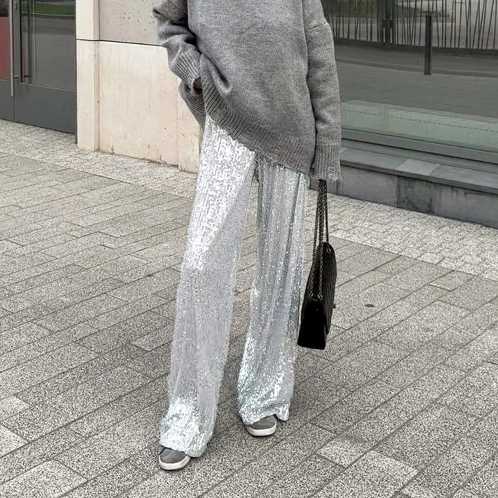 

Уличная одежда с высокой талией, свободные Блестящие брюки полной длины в стиле ретро, повседневные однотонные женские брюки, Женская Клубная одежда, уличная одежда