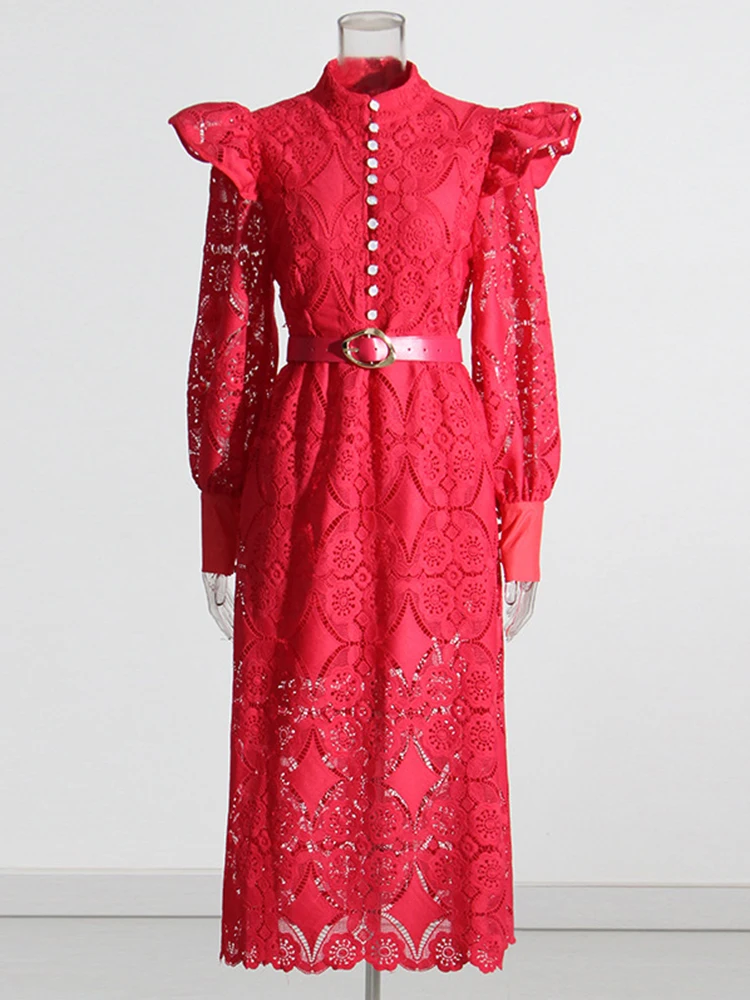DesireFair French Elegance Bohemian Style 2023 Standing Collar Long Sleeve Ruffle Design Waist Embroidery Hollow Dress