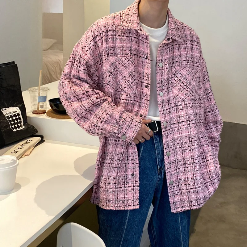 

Осеннее Короткое шерстяное пальто, Мужская модная повседневная черная/белая/Розовая шерстяная куртка, мужское корейское свободное шерстян...