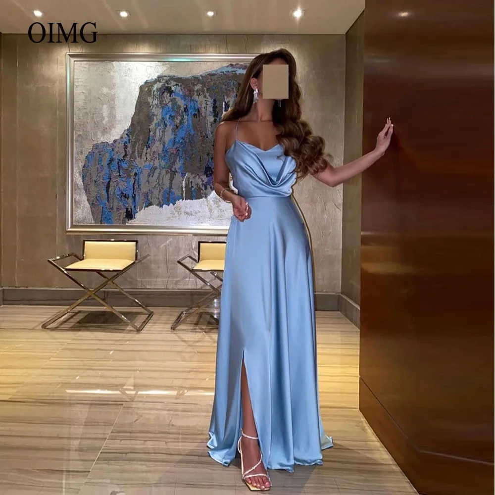 

OIMG Simple Dusty Blue Satin Evening Dresses Spaghetti Straps Side Slit Prom Gowns Saudi Arabic Women Formal Party Dress