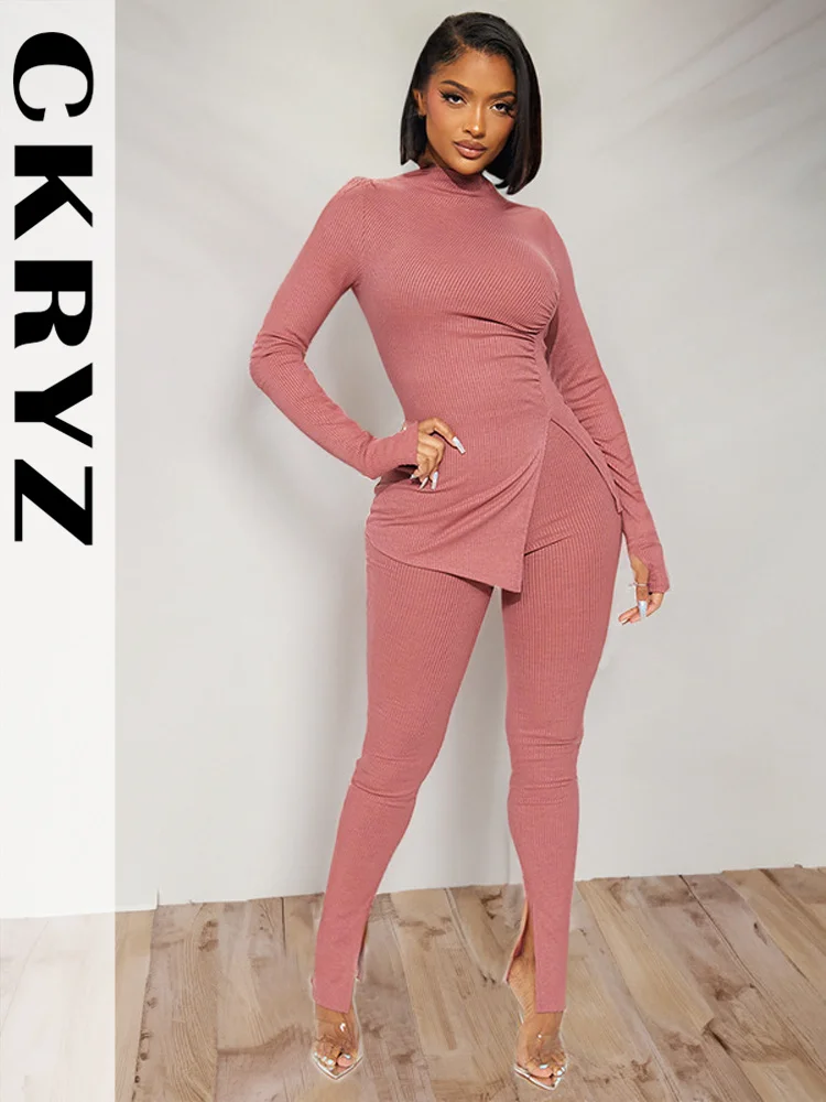 

Женский осенний комплект из двух предметов, Асимметричный топ с длинным рукавом и облегающие брюки, новая модная Клубная уличная одежда Y2K, осенняя одежда