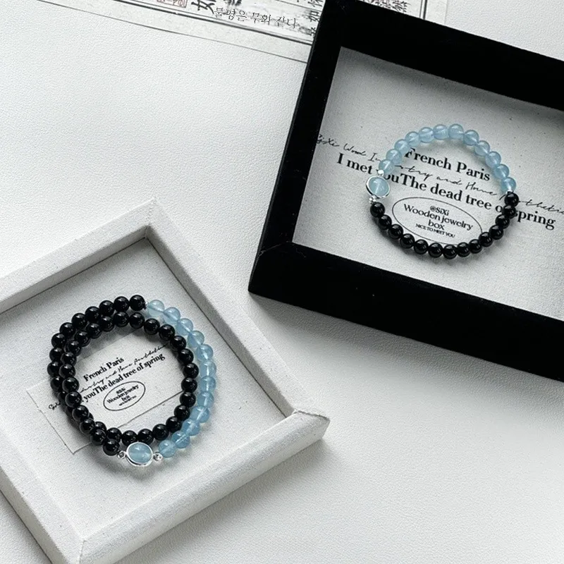 Obsidian Double Ring Bracelet Natural Aquamarine S925 Sterling Silver High-Grade Girlfriends Gift Original Design