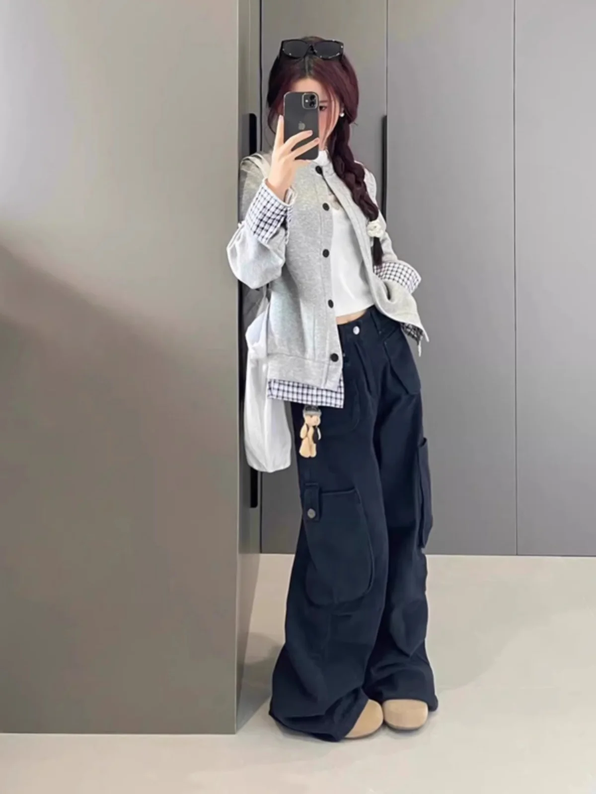 Осень и зима Серый искусственный кардиган из двух предметов с капюшоном Верхняя