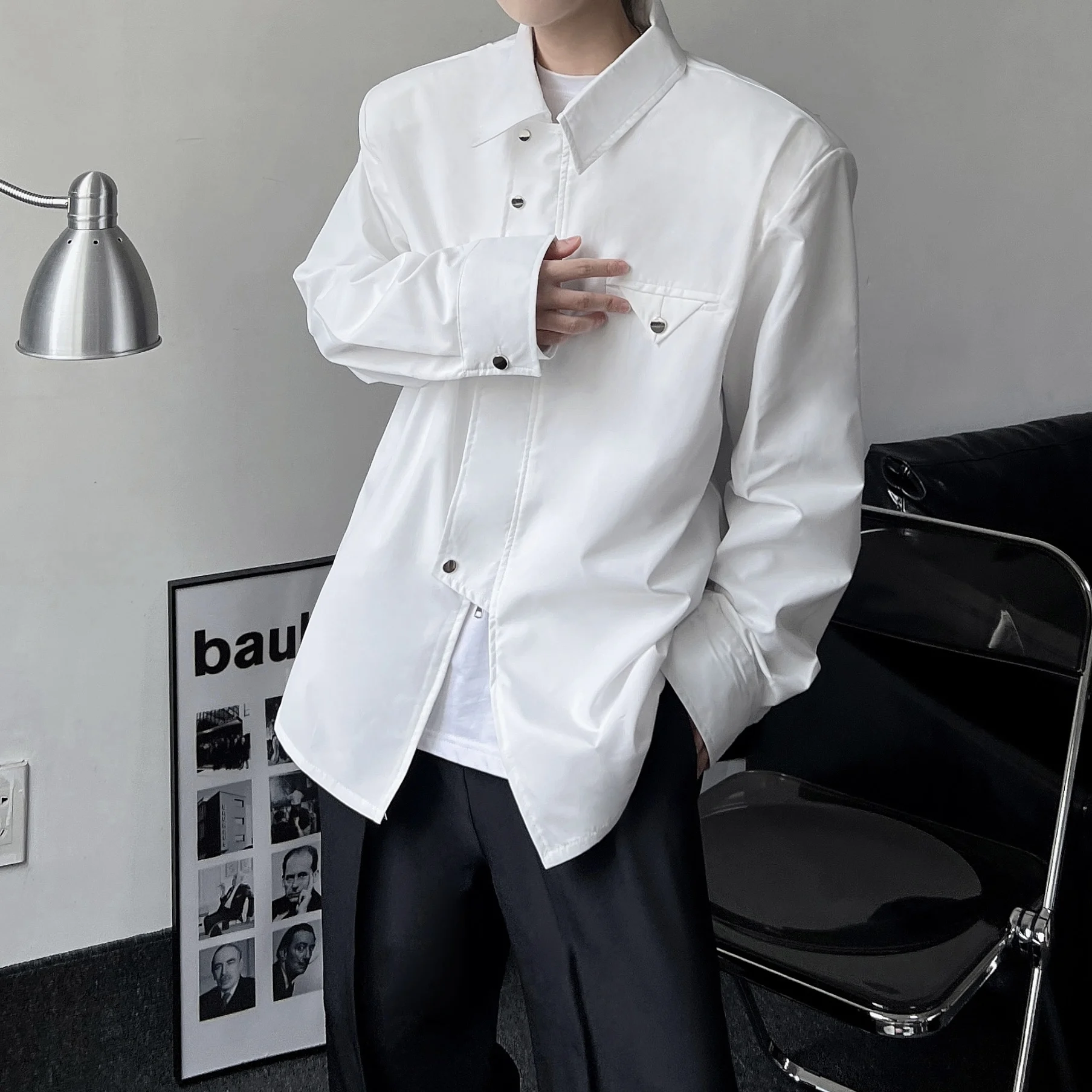 2022 Spring and Autumn Korean edition men and women loose popular function deconstructed zipper shoulder white long-sleeve shirt