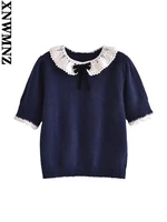 xnwmnz women 2022 fashion with velvet bow contrast knit sweater sweet peter pan collar short sleeve female pullovers chic tops