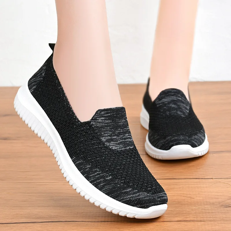 Summer Women Breathable Sneaker Female Knitting Flats Shoes Lightweight Ladies Casual Shoes Non-slip Mom Sports Shoes Flats