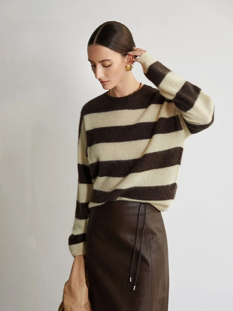 Kaman контрастного цвета вязаный свитер 2024 зимний дизайн свободный кашемировый в