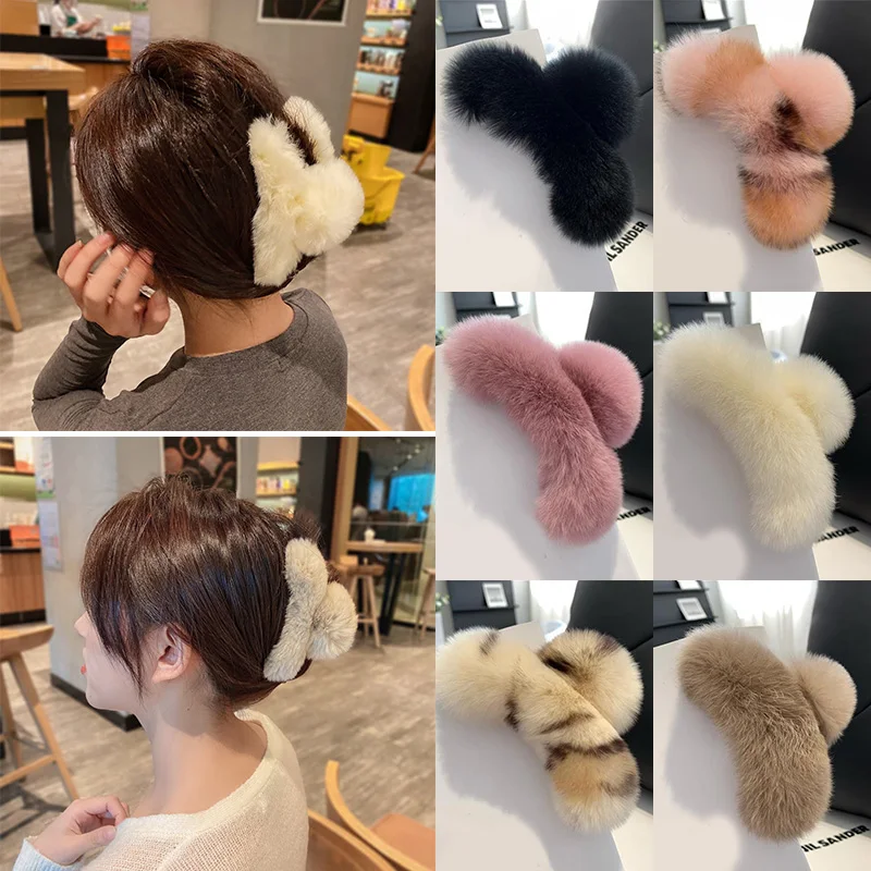 

Faux Fur Barrette Crab Clip Winter Plush Hair Clip Rabbit Fur Large Hair Claw Clip Solid Color Leopard Furry Hair Accessories