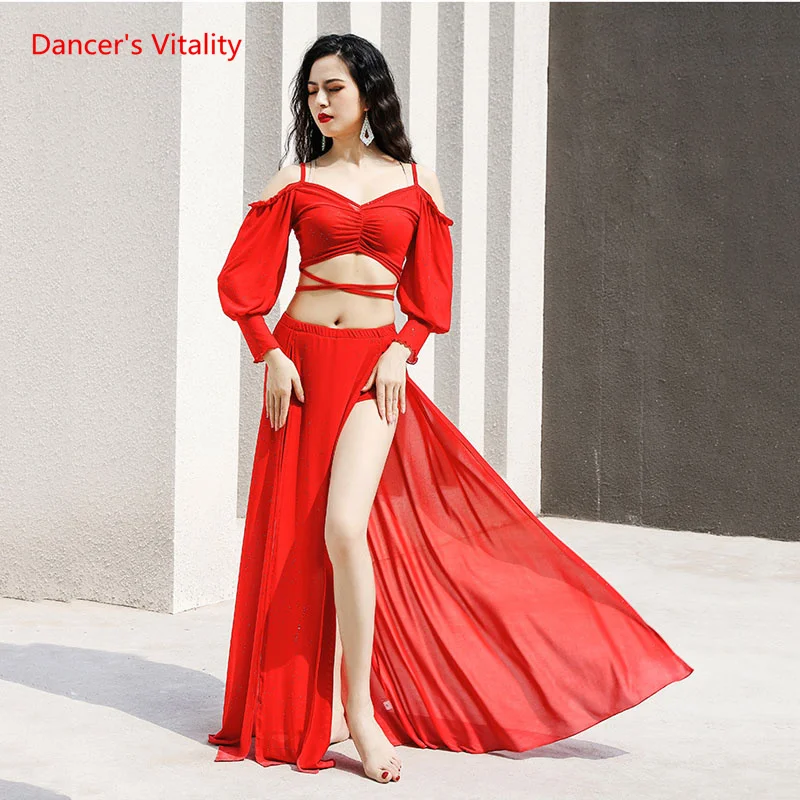 Belly Dance Costume Set for Women Belly Dance Practice Clothes Retro Lantern Sleeve Sling Yarn Practice Group Clothes Outfit