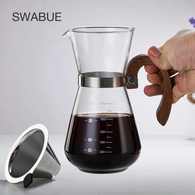 

V60 Coffee Maker Pot Heart Resistant Clear 600ml with Wooden Handle Stainless Steel Fliter Dripper Resuable Glass Kettle Jug