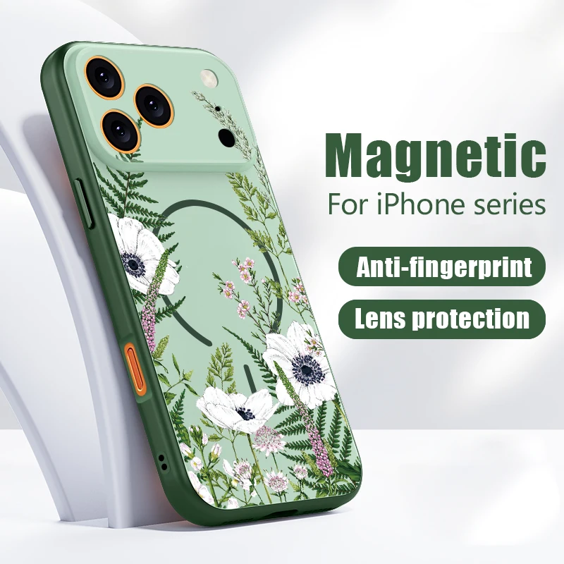 Фото Чехол INS с рисунком белых цветов для iPhone 17 Pro Max, магнитный, для Magsafe, тонкий матовый чехол для iPhone 16 15 14 13 Pro Max №1
