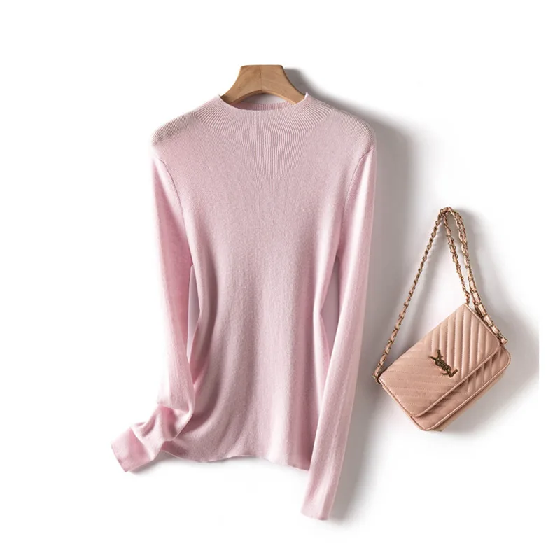 

Autumn Winter Half High Collar Wool Knitted Bottom Sweater Elastic Slim Long Sleeve Basic Knitwear Tops