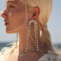 fashion women luxury rhinestone long tassel hanging u shaped earrings accessories shiny crystal statement jewelry earrings gift