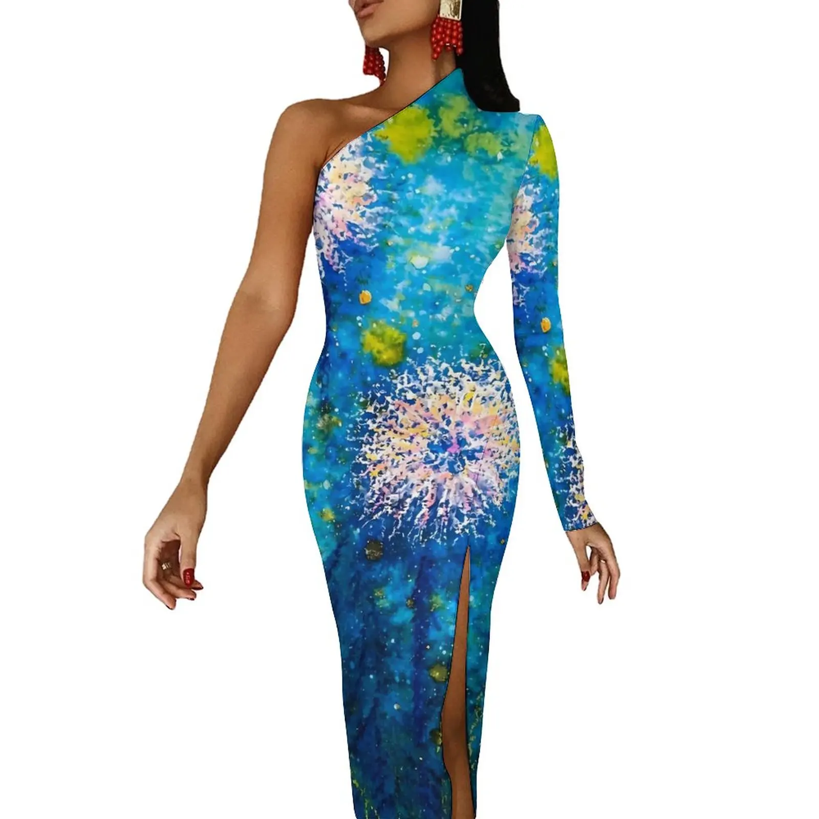 

Облегающее летнее платье Одуванчик с абстрактным принтом, сексуальные длинные платья с разрезом сбоку, платье с графическим принтом на одно плечо в уличном стиле