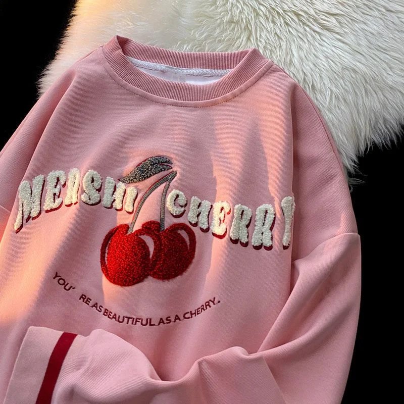 

Pink Cute Sweet Cherry Embroidery Oversize Women Sweatshirt 2022 Autumn New Casual Loose Student O- Neck Fashion Long Sleeve Top