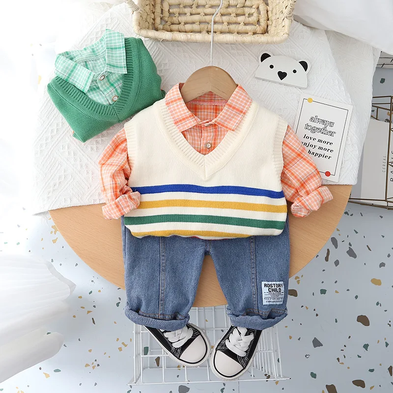 

LZH Children's Striped Knitted Suit 2022 Winter Baby Boys Clothes Casual Vest + Shirt + Jeans 3 Pcs Outfit For Boys Set 1-6 Year