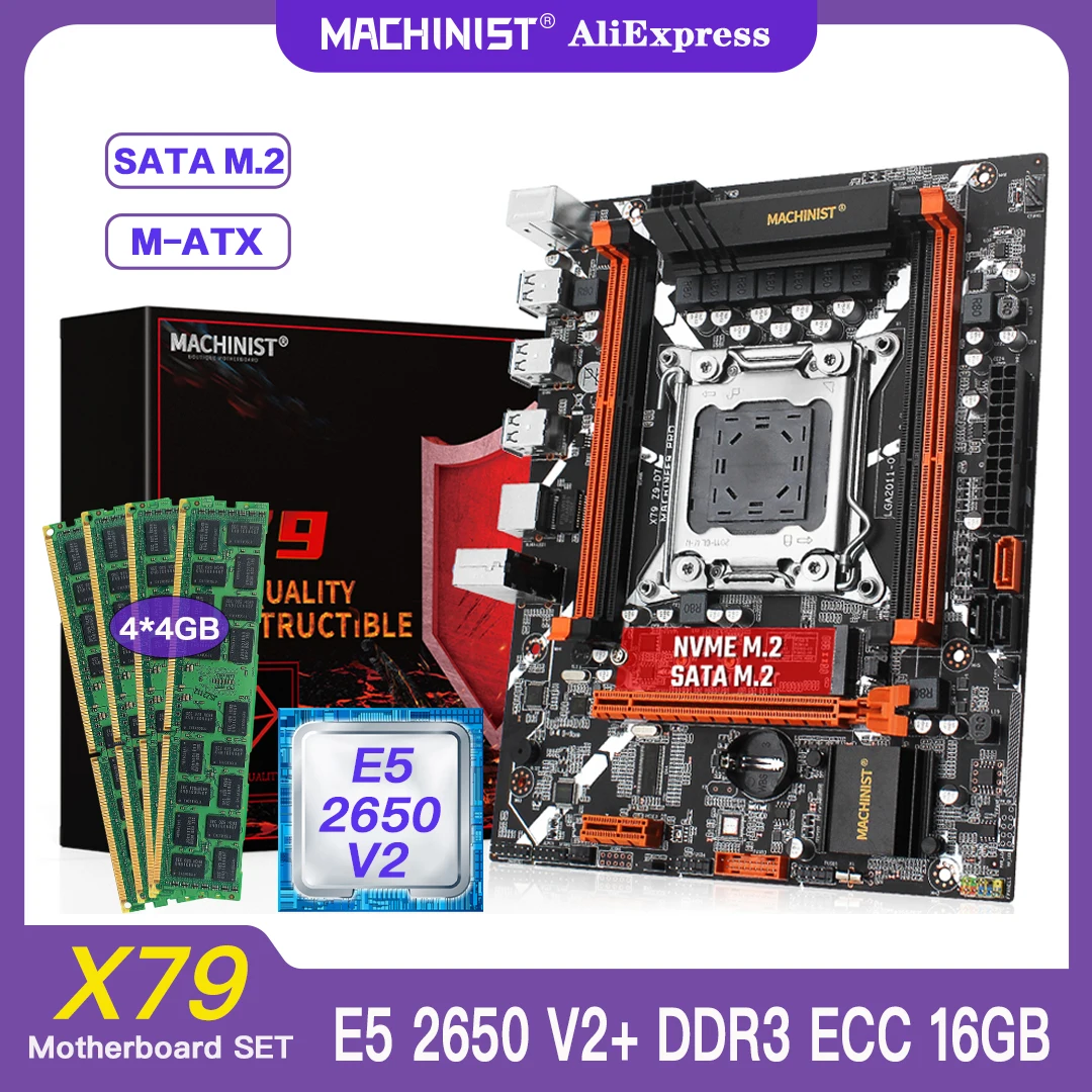 MACHINIST X79 Motherboard Set With Xeon E5 2650 V2 CPU LGA 2011 Kit DDR3 16GB(4*4GB)ECC RAM Memory M.2 NVME M-ATX SATA X79 Z9-D7