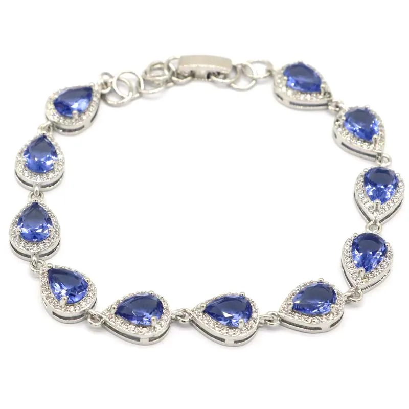 

Красивый женский серебряный браслет 11x9 мм SheCrown в форме капли Iolite Swiss Blue Topaz CZ 7,0-8,0 дюймов