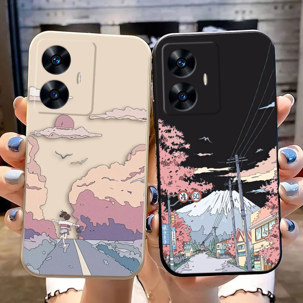 Чехол для телефона Street Cherry Blossom Snow Mountain Realme C65 C63 C53 C35 C55 C33 C30 C21Y C20 C12 C11 GT 2 NARAO 20 30 50