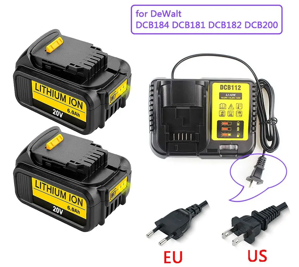 

2022 New 18V 6.0Ah MAX XR 18650 Battery Power Tool Replacement for DeWalt DCB184 DCB181 DCB182 DCB200 20V 6A 18v Battery+Charger