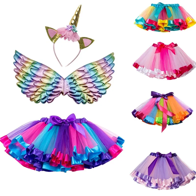 

Baby Girls Rainbow Tutu Skirts+Wing+Unicorn Headband 3 PCs Outfit Kids Birthday Princess Miniskirt Prom Party Dance Costume