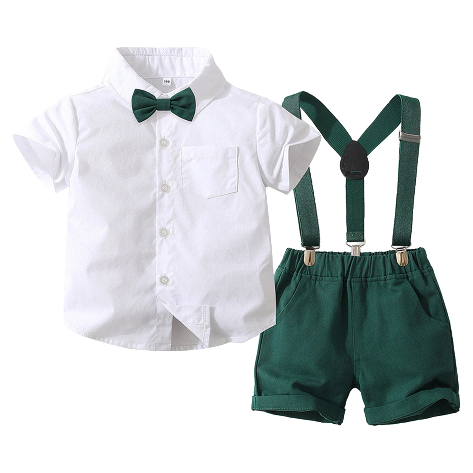 

Baby Boys Handsome Three-Piece Outfits Turn-Down Collar Short Sleeve Shirt with Bow Tie Elastic Waist Suspenders Shorts Suit