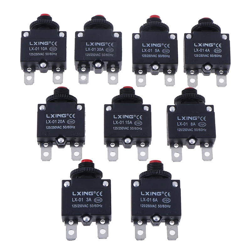 

1PC 120VAC / 250VAC Overload Overcurrent Protector Switch Breaker MR1 Reset Insurance 3A 4A 5A 6A 8A 10A 15A 20A 30A