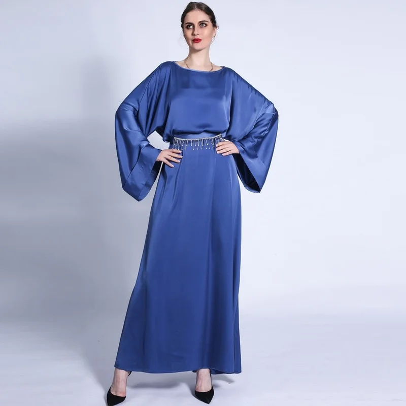 Plain Fashion Satin Abaya Maxi Dress for Women Loose Hijab Dresses Morocco Kaftan Diamonds Tassel Belt Dubai Turkey Robe Autumn