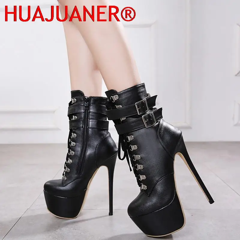 

2022 Women Autumn Ankle Boots Sexy High Heels Platform Boots Round Toe Leather Booties Black Shoes Ladies Party Shoes