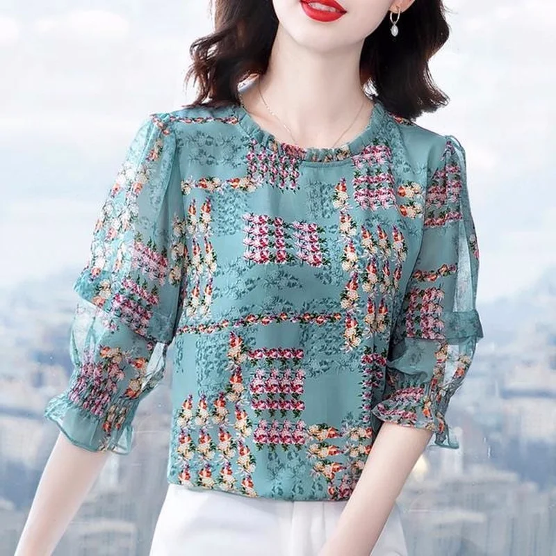 

Middle sleeved chiffon shirt female 2022 summer new fashion wood ear collar blossom o neck casual pringting blouse tops