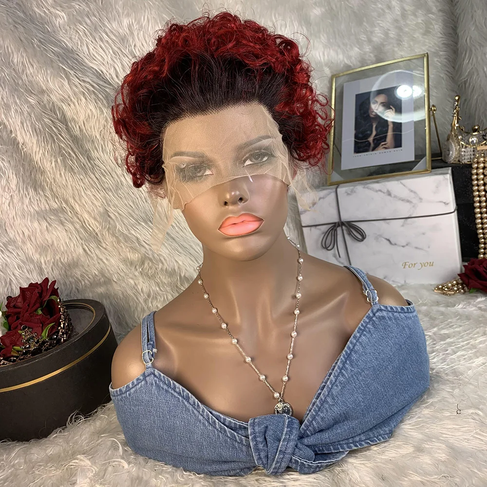 Short Curly Lace Front Wigs Human Hair T Part Lace Pixie Cut Short Curly Human Hair Wig 8 Inch for Women 99j Brazilian Remy Hair