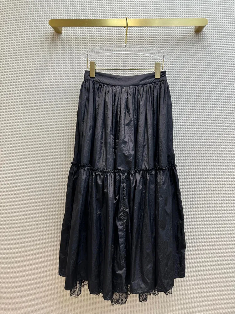 

High-end Zipper Skirt Women's French Hepburn Lace Patchwork Design Pleated Long Skirt